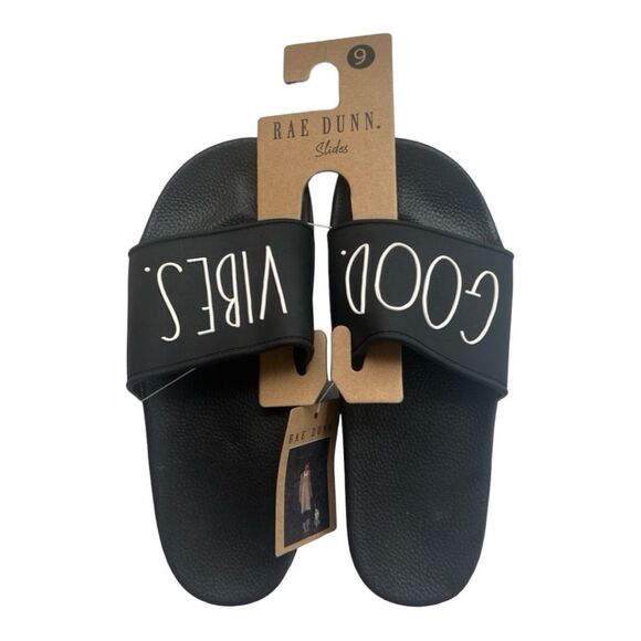 New Women's Rae Dunn Good Vibes Black Slides Size 8 - Picture 2 of 8